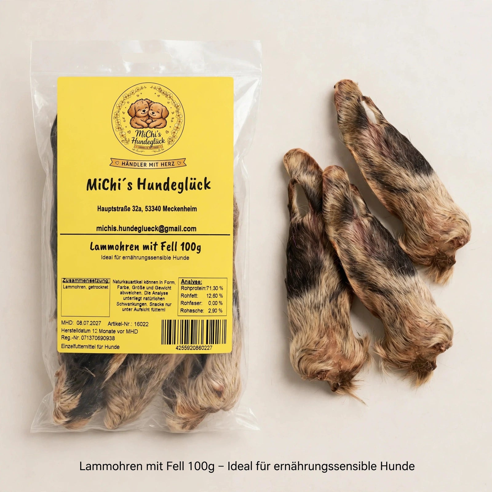 100gr. getrocknete Lammohren mit Fell