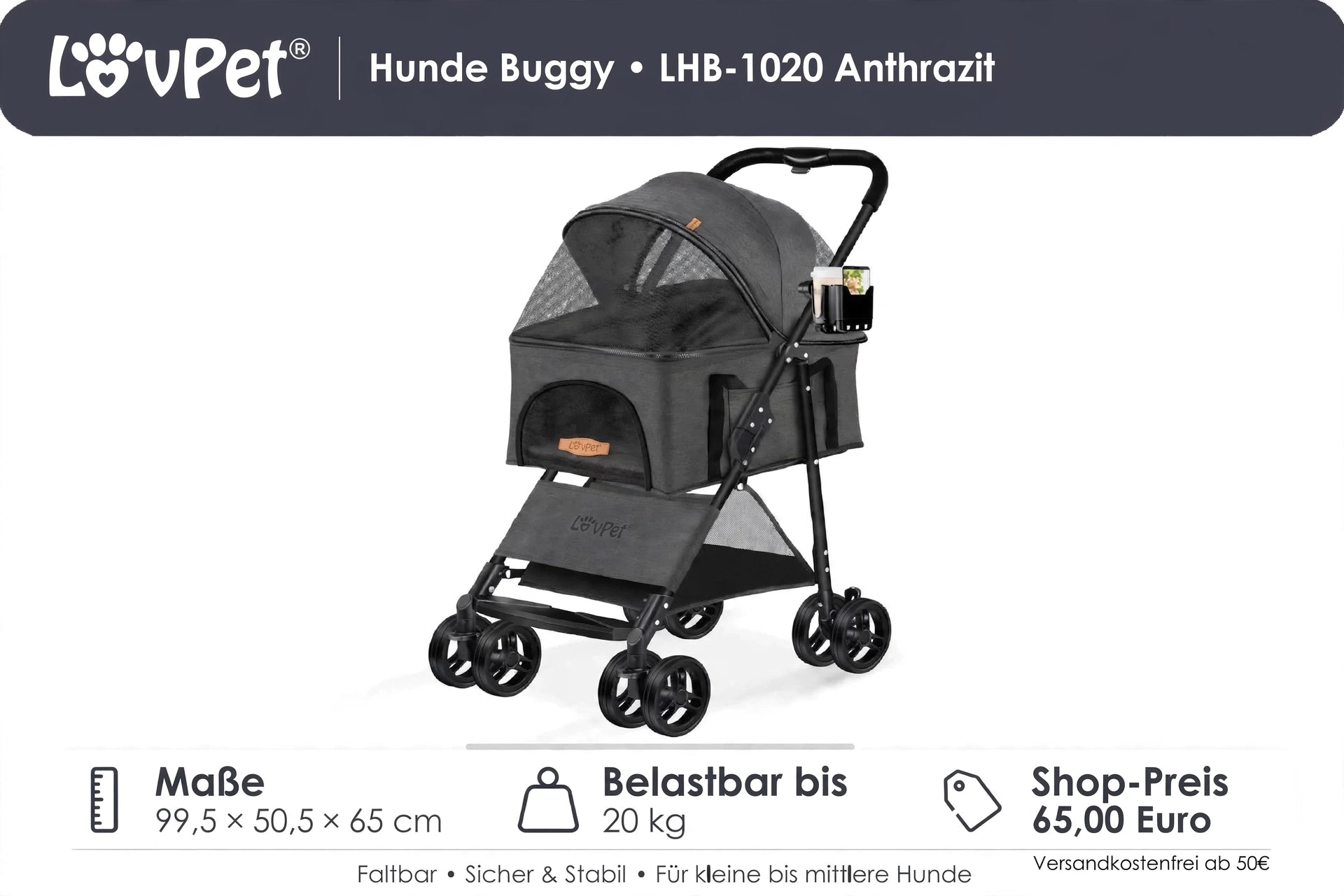 LovPet Hundebuggy LHB-1020 Anthrazit - Der gemütliche Kutsche für kleine & mittlere Hunde bis 20kg | faltbar