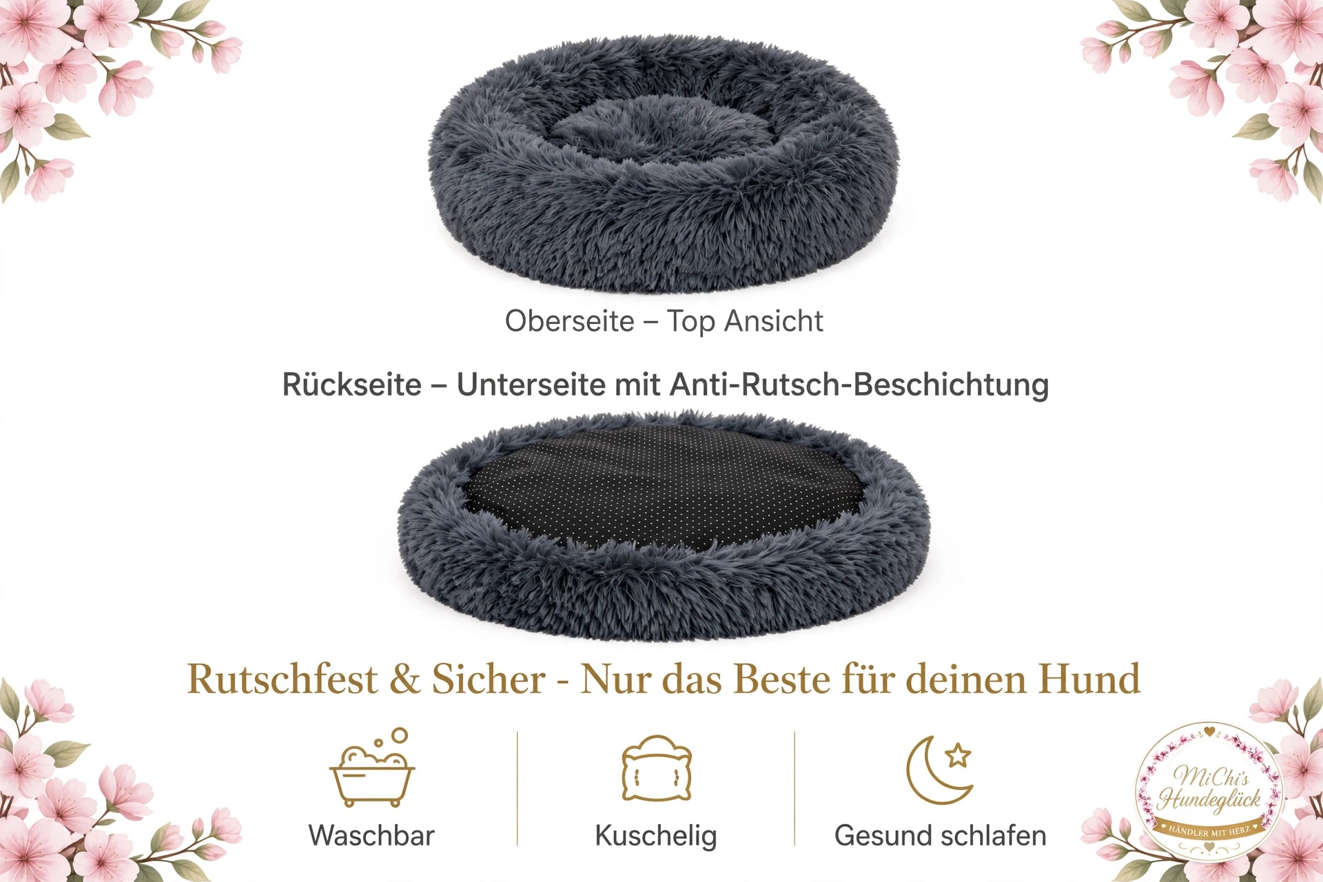 Donut Hundebett Flauschig Dunkelgrau - Weich, Rutschfest & Kuschelig