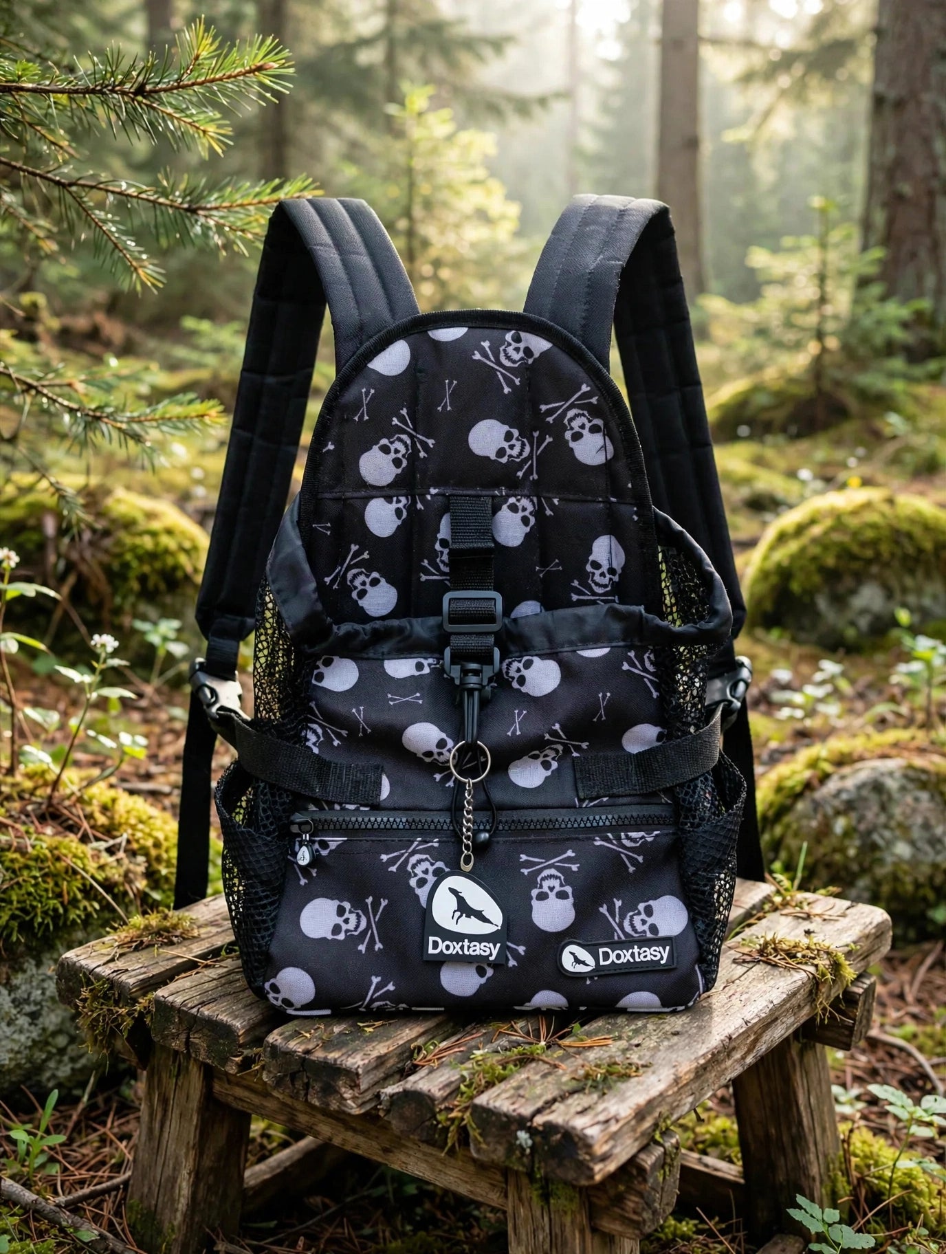 Doxtasy Hunderucksack Größe S – Hunderucksack für kleine Hunde bis 6kg – Motiv Skull schwarz – Fronttasche & belüftetes Netz