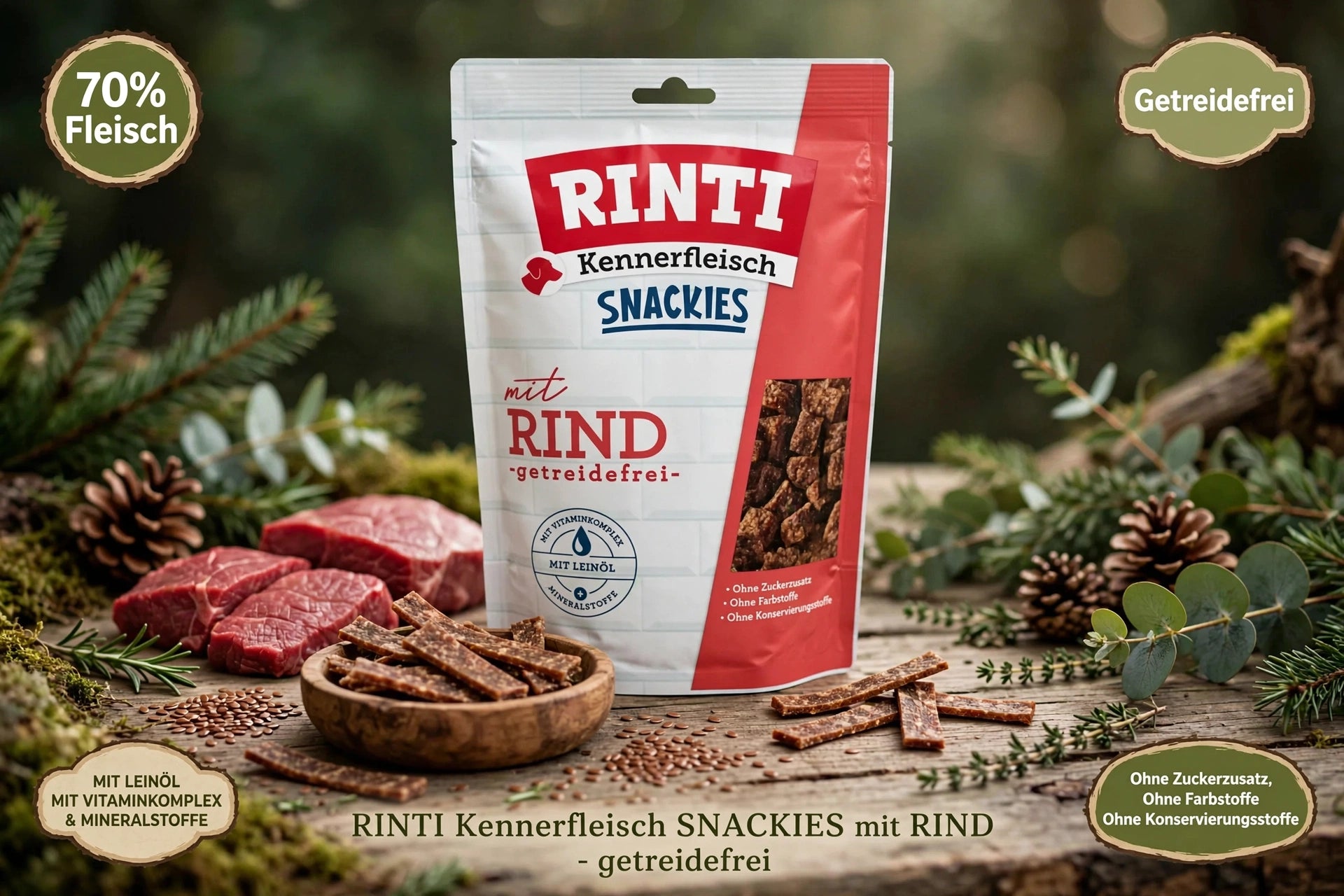 RINTI Kennerfleisch Snackies mit RIND 225g - Getreidefrei mit Leinöl - 70% Fleisch | Leckerli für Hunde
