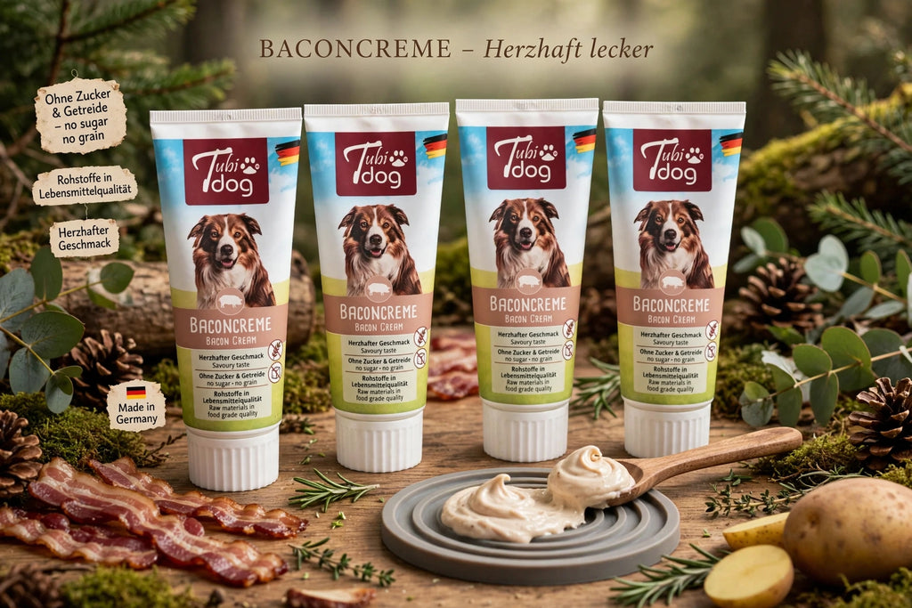 Tubi Dog Baconcreme 75g – Cremiger Tubensnack mit Bacon | Ohne Zucker & Getreide | Ideal für Training, Lick Mat & Spiele | Made in Germany