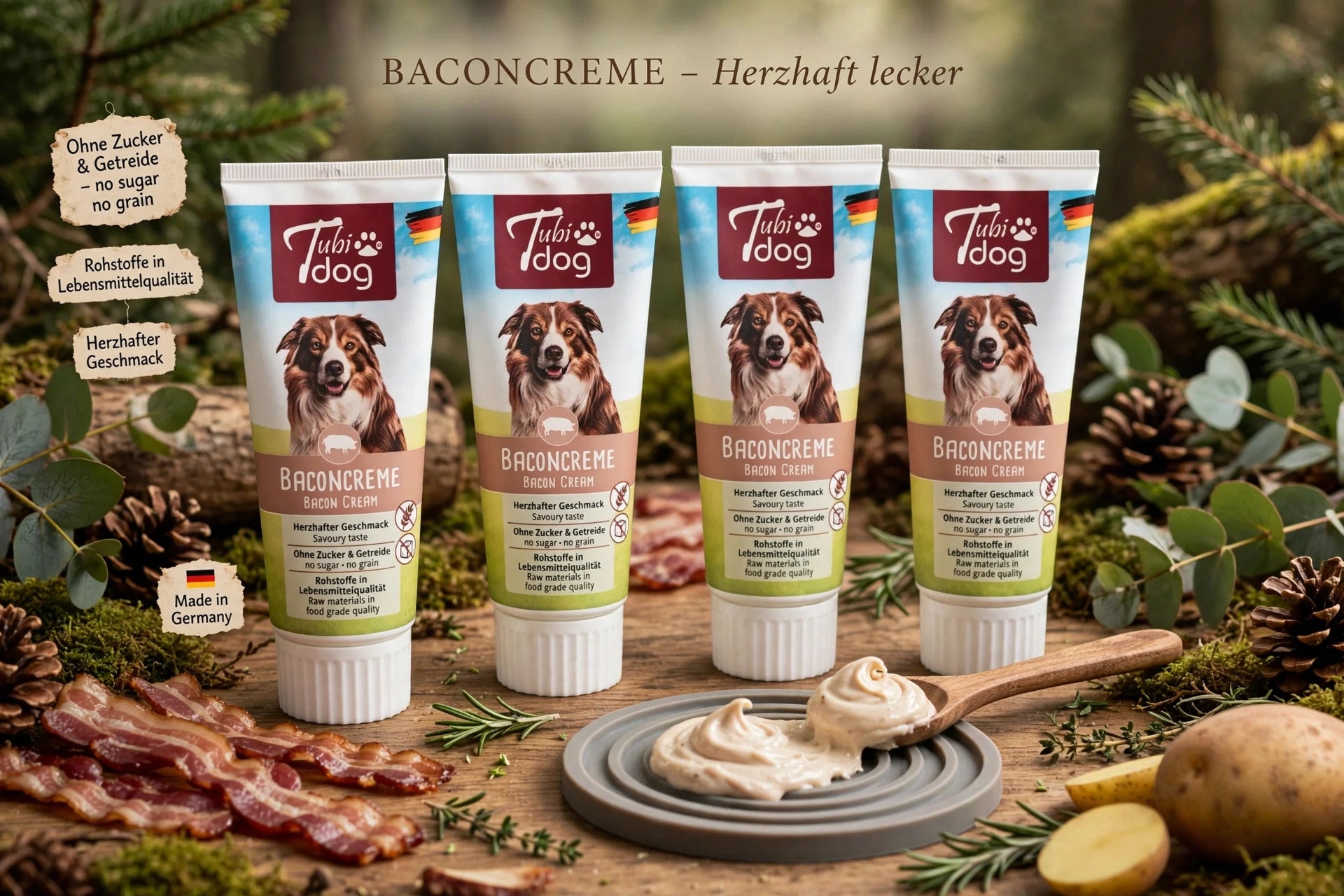 Tubi Dog Baconcreme 75g – Cremiger Tubensnack mit Bacon | Ohne Zucker & Getreide | Ideal für Training, Lick Mat & Spiele | Made in Germany