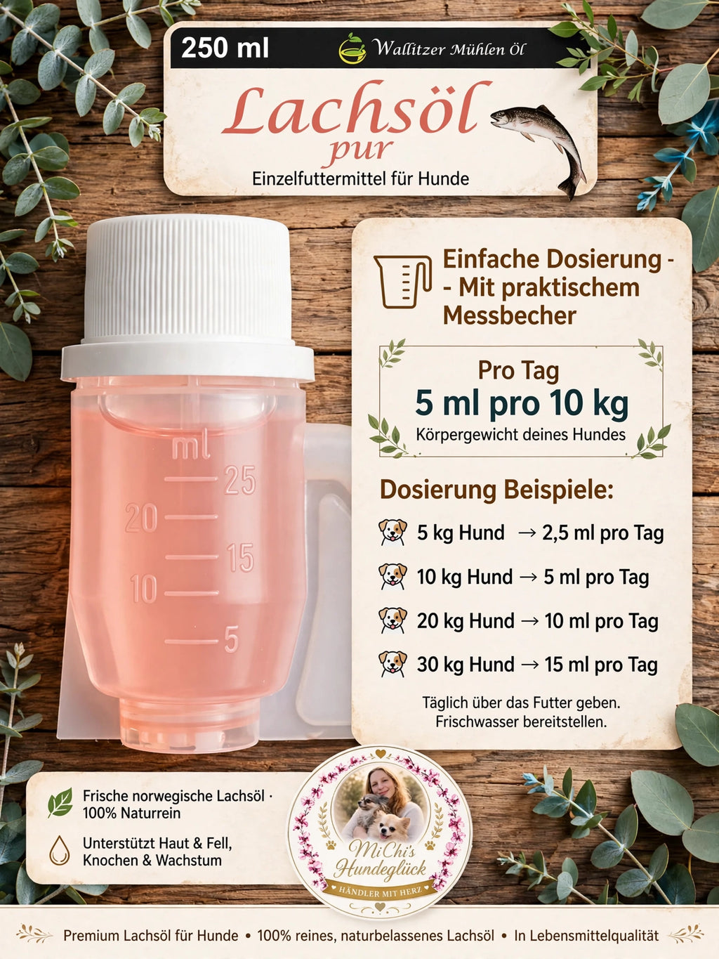 Lachsöl pur 250ml für Hunde - Frisches Norwegisches Lachsöl in Lebensmittelqualität