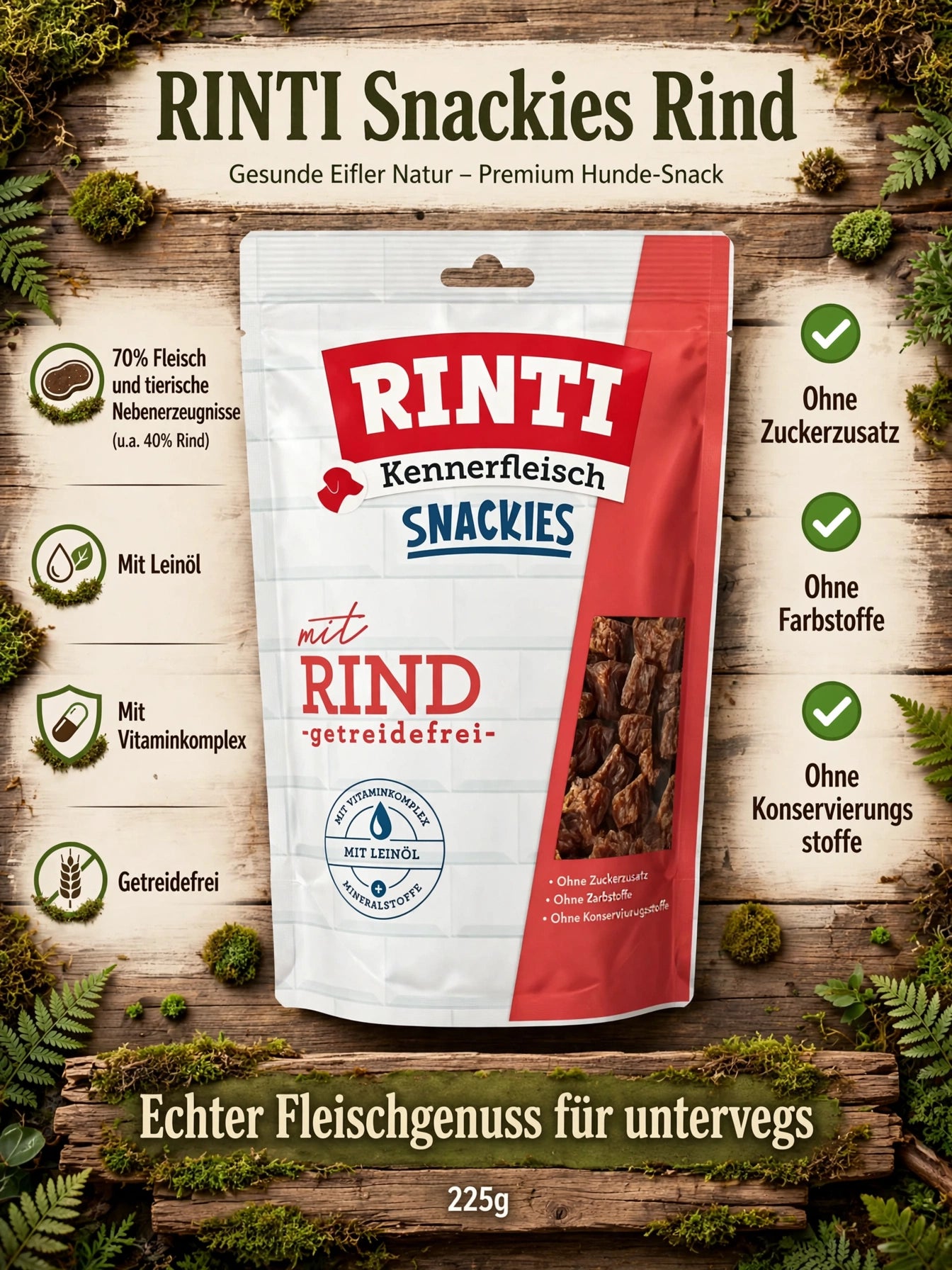RINTI Kennerfleisch Snackies mit RIND 225g - Getreidefrei mit Leinöl - 70% Fleisch | Leckerli für Hunde
